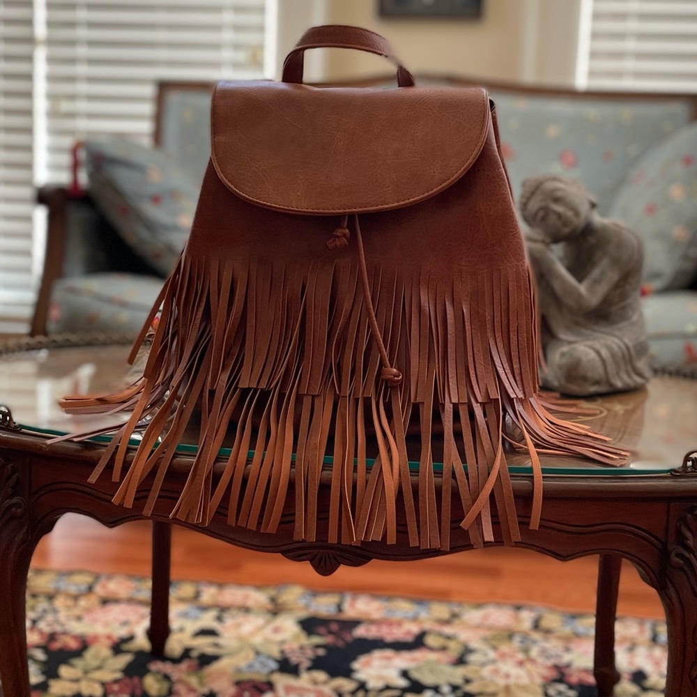 NWOT Faux Leather Brown Fringe Bag.